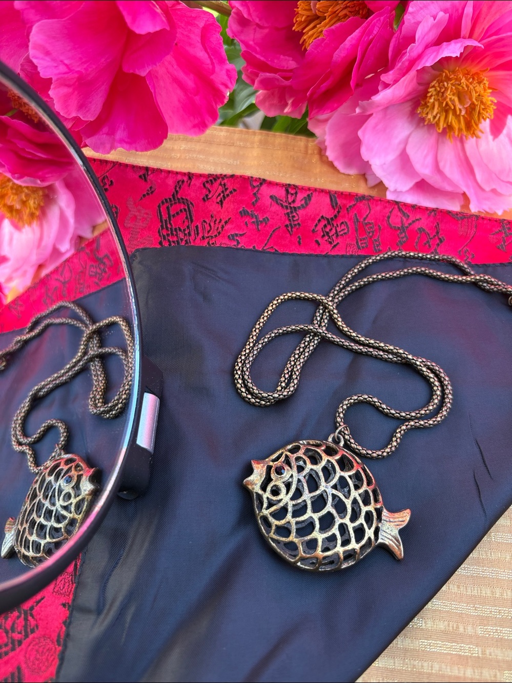 Vintage Brass Open‑Work Fish Pendant Necklace with Textured Snake Chain #346